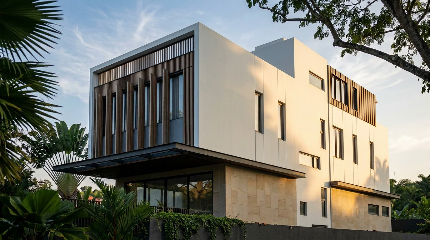 Cantilevered front elevation of Duo Uno at Hua Guan Avenue, late afternoon light.