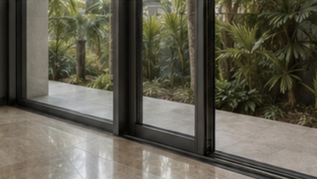 Euro Profile. High-quality slim-frame aluminium glazing in dark graphite-grey across all external openings.