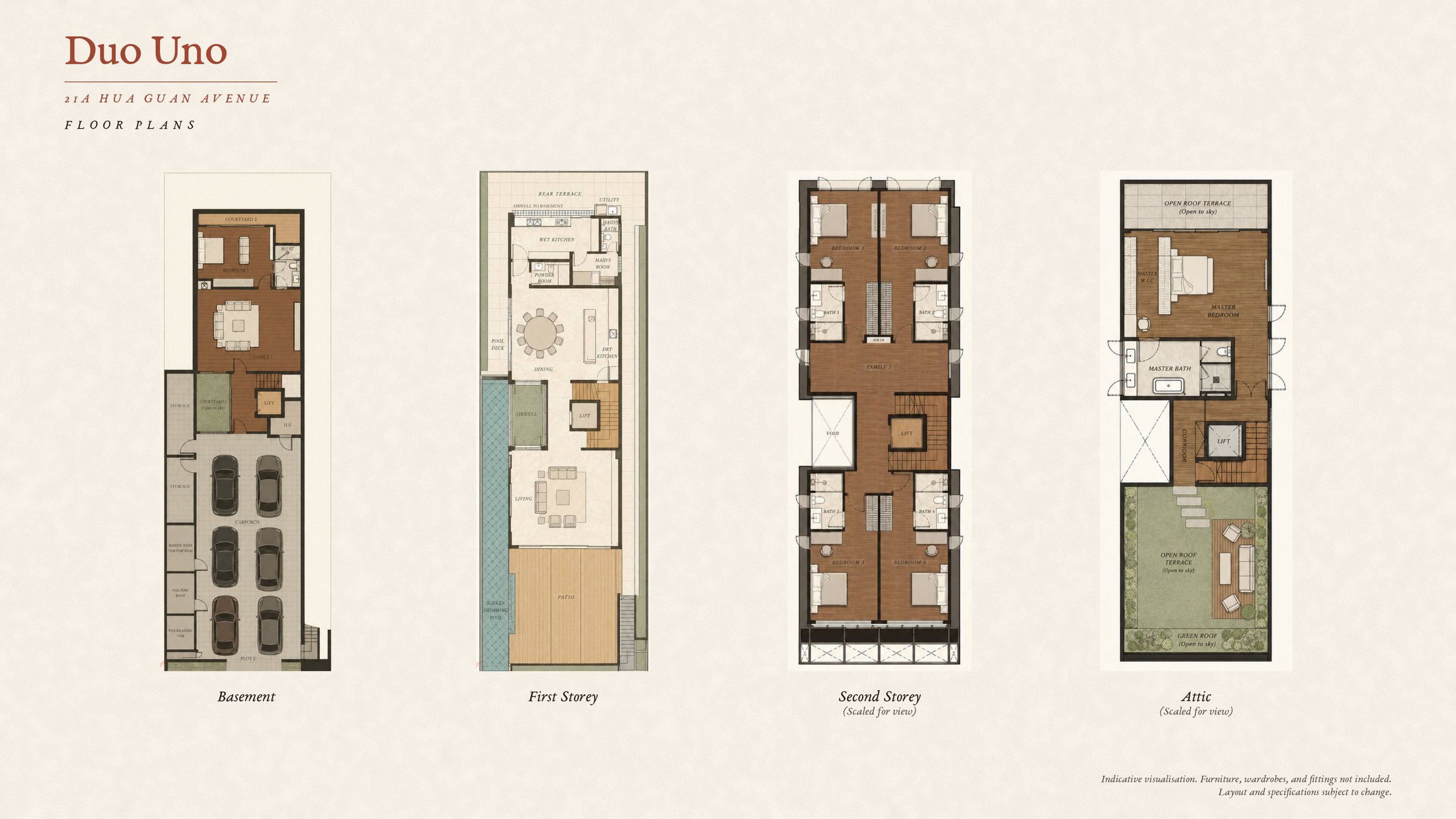 All four floors of 21A Hua Guan Avenue: basement, first storey, second storey and attic.