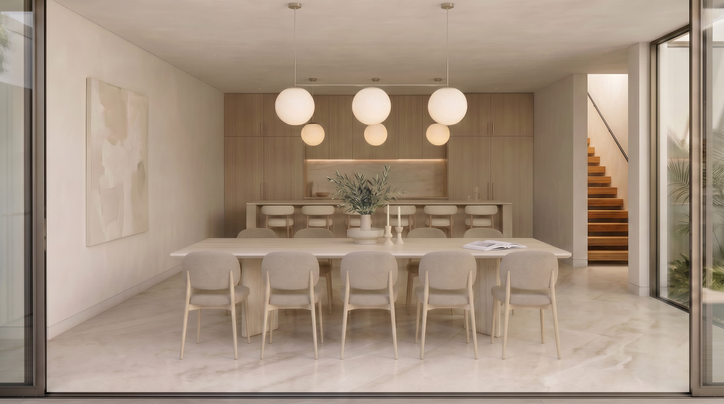 Dining room and dry kitchen with long sight lines through to the wet kitchen.