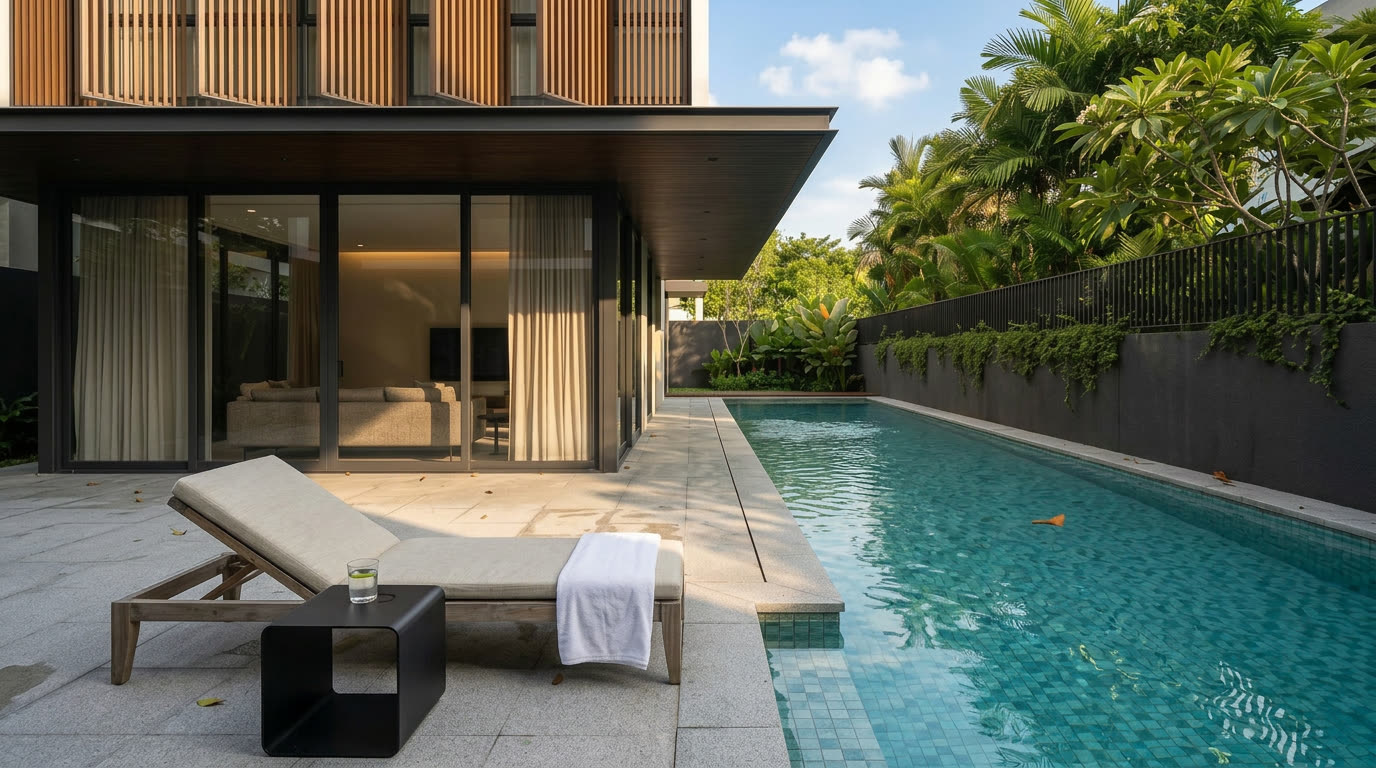 Sunken lap pool with wood composite decking, late afternoon light.