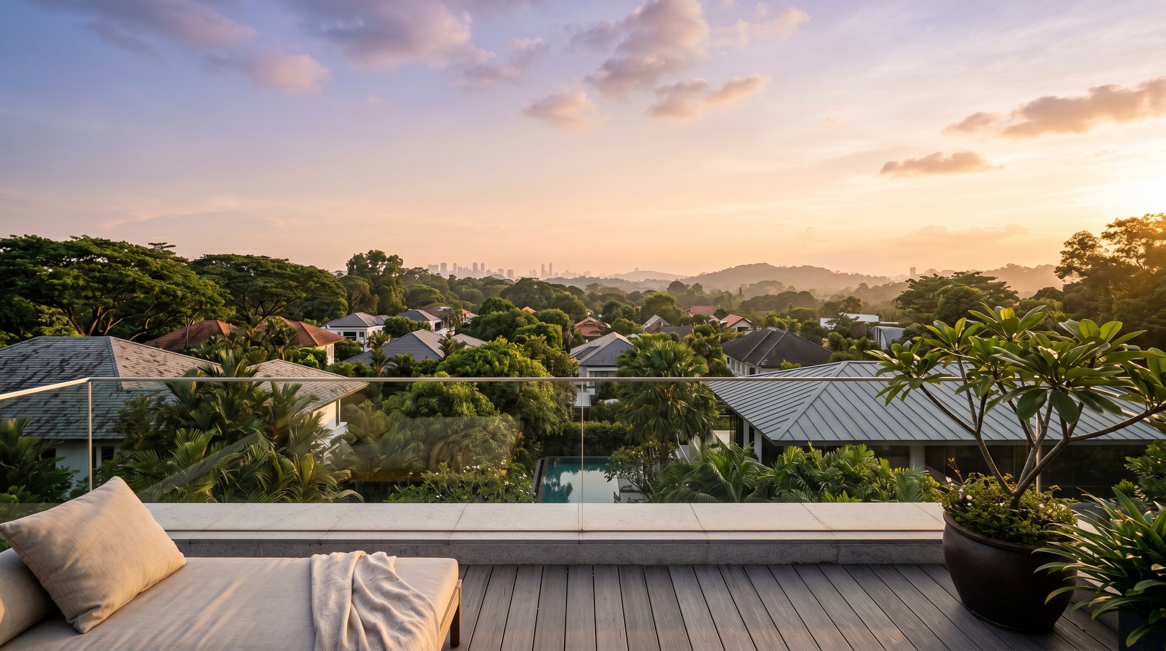 View from the front roof terrace at golden hour, looking east over the Good Class Bungalow canopy of Hua Guan Avenue toward a distant low-rise skyline in tropical haze.